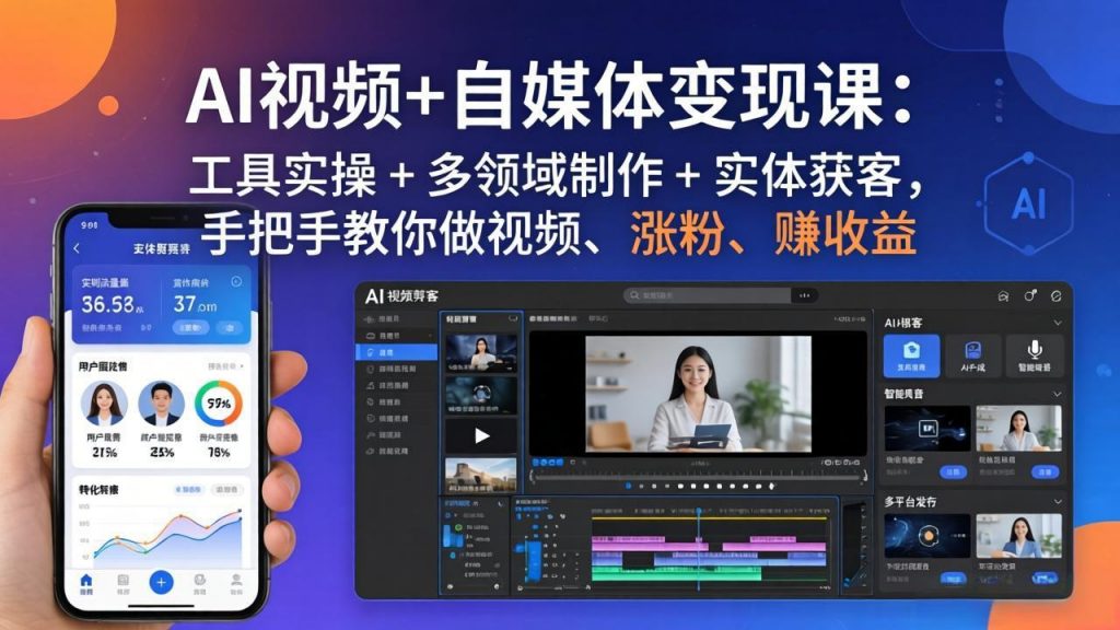 AI视频+自媒体变现课：工具实操 + 多领域制作 + 实体获客，手把手教你做视频、涨粉、赚收益-孔明聊项目