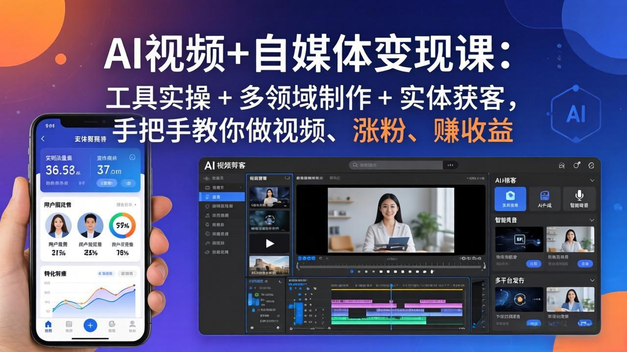 AI视频+自媒体变现课：工具实操 + 多领域制作 + 实体获客，手把手教你做视频、涨粉、赚收益-孔明聊项目