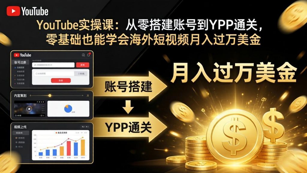 YouTube实操课：从零搭建账号到YPP通关，零基础也能学会海外短视频月入过万美金-孔明聊项目