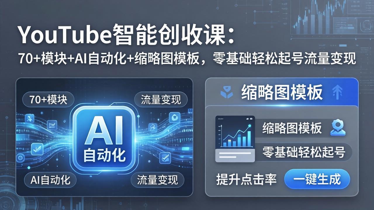 YouTube智能创收课：70+模块+AI自动化+缩略图模板，零基础轻松起号流量变现-孔明聊项目