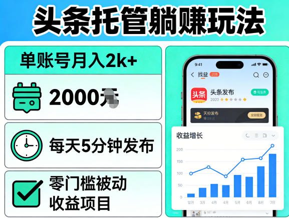 头条托管躺賺玩法，单账号月入2k+，每天5分钟发布即可，零门槛被动收益项目【揭秘】-孔明聊项目