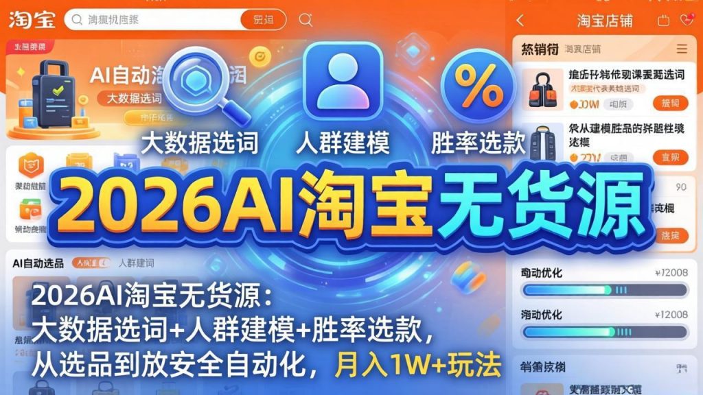 2026AI淘宝无货源-4月更新：大数据选词+人群建模+胜率选款，从选品到放大全自动化，月入1W+玩法-孔明聊项目