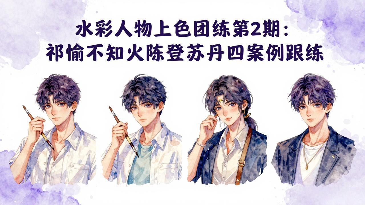 水彩人物上色团练第2期：祁煜不知火陈登苏丹四案例跟练，手把手提升绘画能力-孔明聊项目