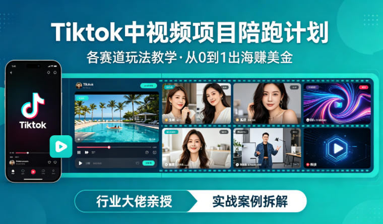 某大佬的Tiktok中视频项目陪跑，涵盖TK各个赛道玩法教学，从0到1出海賺美金-孔明聊项目