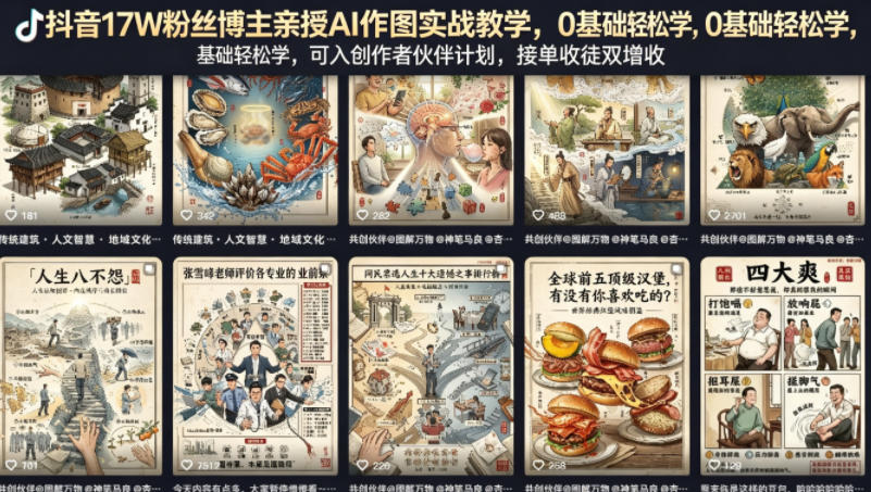 抖音17W粉丝博主亲授AI作图实战教学，0基础轻松学，可入创作者伙伴计划，接单收徒双增收-孔明聊项目