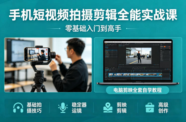 手机短视频拍摄剪辑全能实战课：零基础入门到高手，稳定器运镜+电脑剪映全套自学教程-孔明聊项目