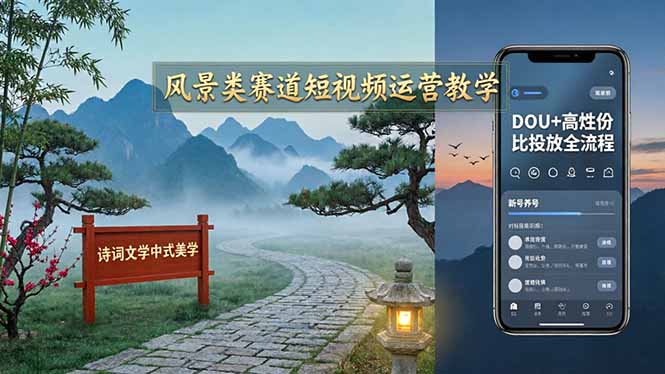 风景类赛道短视频运营教学：诗词文学中式美学，新号养号对标账号定位，DOU+高性价比投放全流程-孔明聊项目