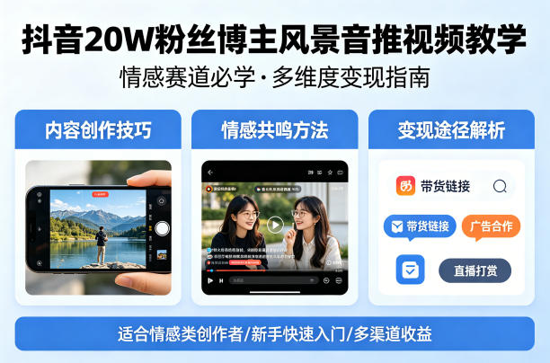 抖音20W粉丝博主风景音推视频教学，情感赛道必学，各种变现途径-孔明聊项目