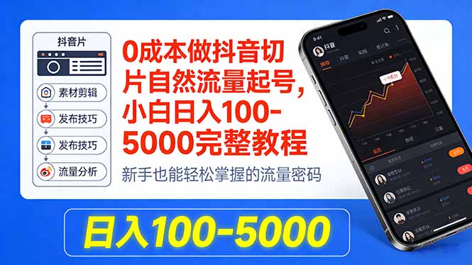 0成本做抖音切片自然流量起号，小白日入100-5000完整教程-孔明聊项目