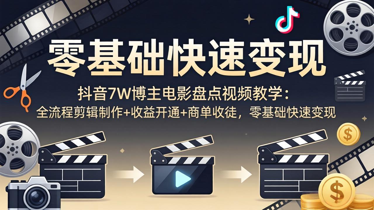 抖音7W博主电影盘点视频教学：全流程剪辑制作+收益开通+商单收徒，零基础快速变现-孔明聊项目