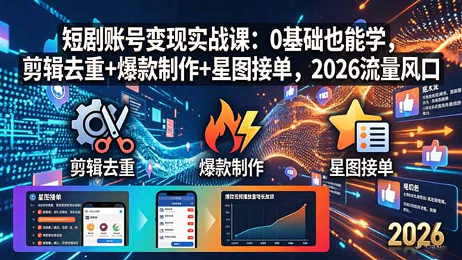 短剧账号变现实战课：0基础也能学，剪辑去重+爆款制作+星图接单，2026流量风口-孔明聊项目