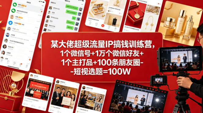 某大佬超级流量IP搞钱训练营，1个微信号+1万个微信好友+1个主打品+100条朋友圈-短视选题=100W-孔明聊项目