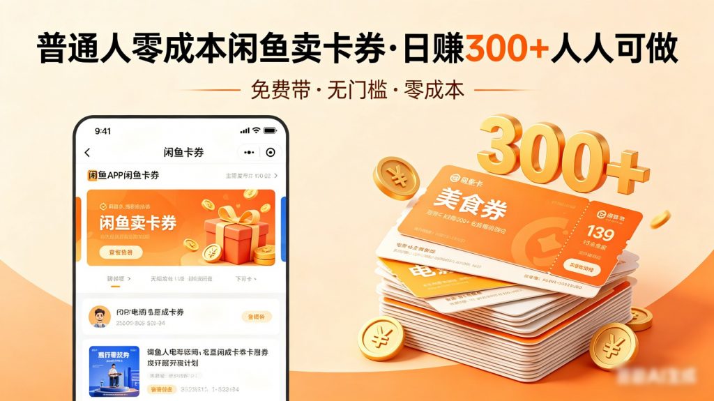 普通人必看！零成本闲鱼卖卡券，免费带，日赚300+人人可做-孔明聊项目