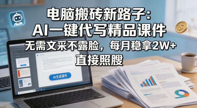 电脑搬砖新路子：AI一键代写精品课件，无需文采不露脸，每月稳拿2W+，直接照搬-孔明聊项目