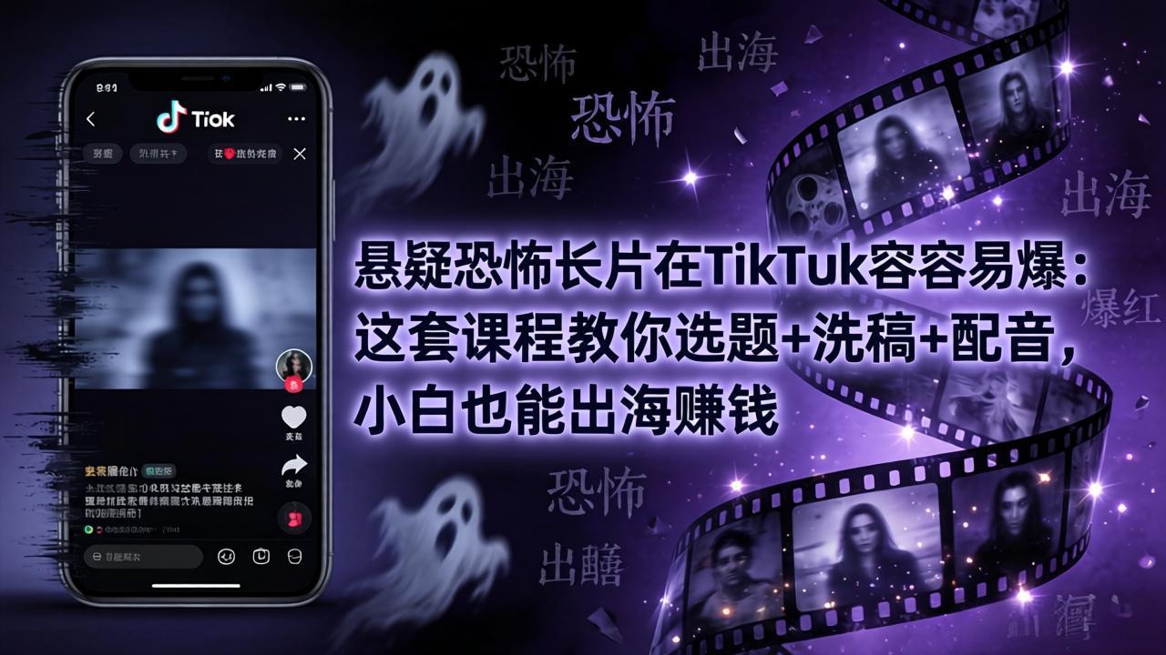 悬疑恐怖长片在TikTok最容易爆：这套课程教你选题+洗稿+配音，小白也能出海赚钱-孔明聊项目
