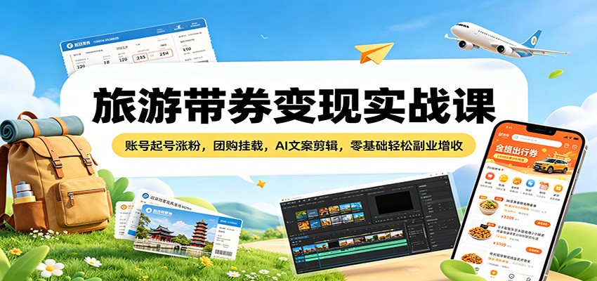 旅游带券变现实战课：账号起号涨粉，团购挂载，AI文案剪辑，零基础轻松副业增收-孔明聊项目