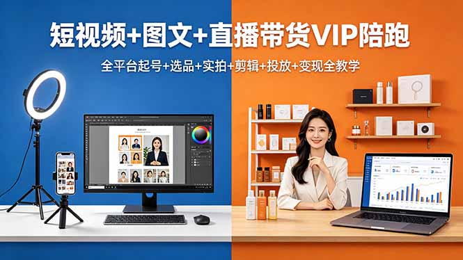 短视频+图文+直播带货VIP陪跑，全平台起号+选品+实拍+剪辑+投放+变现全教学-孔明聊项目