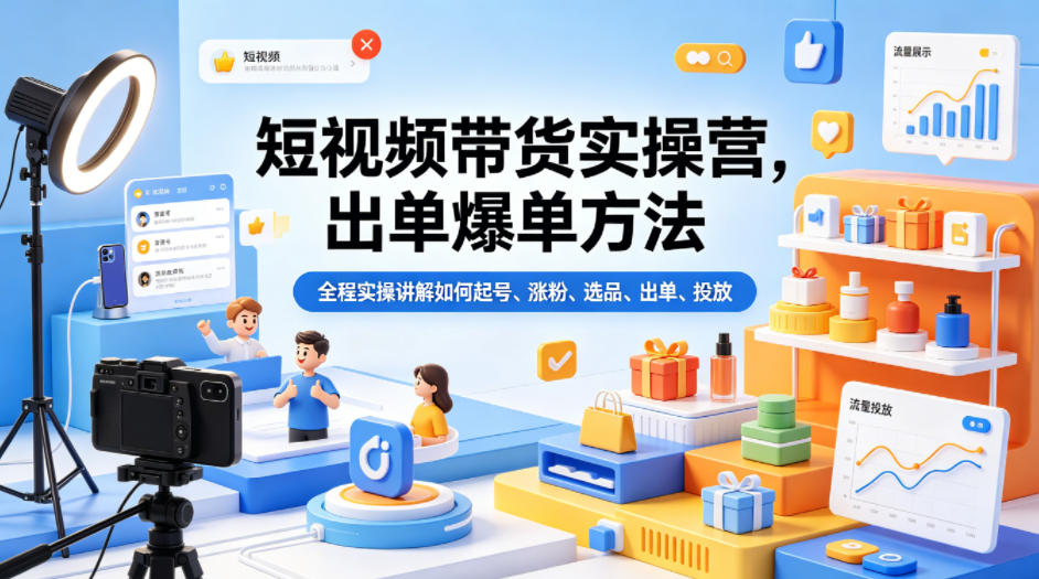 短视频带货实操营，出单爆单方法，全程实操讲解如何起号、涨粉、选品、出单、投放-孔明聊项目