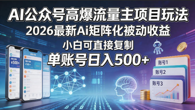 AI公众号高爆流量主项目玩法，2026最新Ai矩阵化被动收益，小白可直接复制，单账号日入500+-孔明聊项目