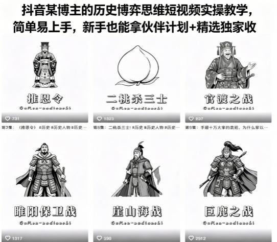 抖音某博主的历史博弈思维短视频实操教学，简单易上手，新手也能拿伙伴计划+精选独家收益-孔明聊项目