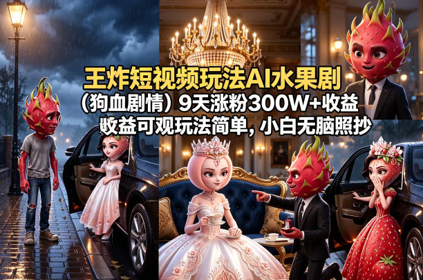 王炸短视频玩法AI水果剧(狗血剧情)9天涨粉300W+收益可观玩法简单，小白无脑照抄，详细拆解玩法-孔明聊项目