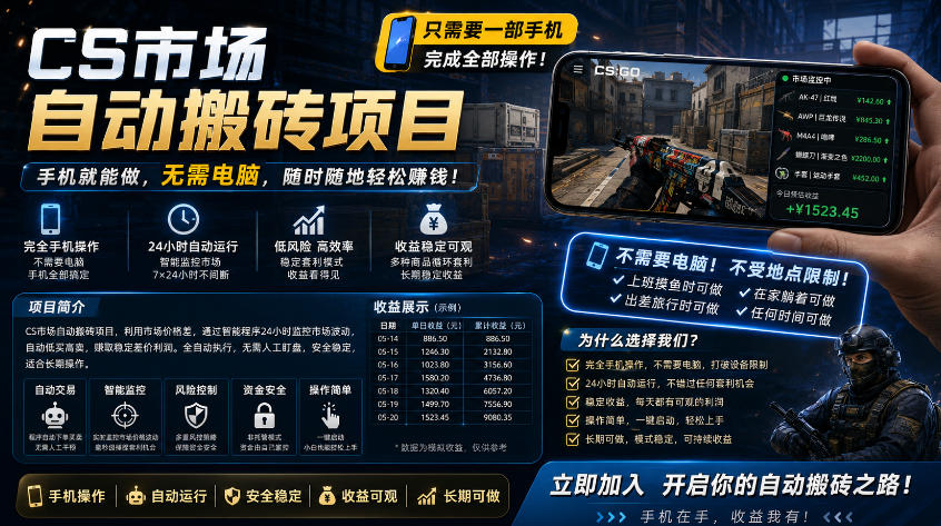 手机即可操作的CS市场自动搬砖系统｜自动监控｜自动下单|日入300+【揭秘】-孔明聊项目