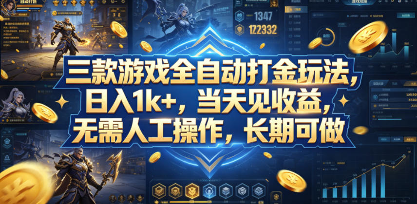 三款游戏全自动打金玩法，日入1k+，当天见收益，无需人工操作，长期可做【揭秘】-孔明聊项目