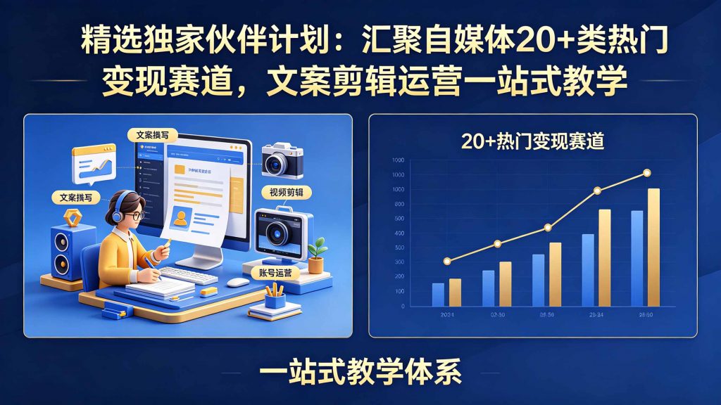精选独家伙伴计划：汇聚自媒体20+类热门变现赛道，文案剪辑运营一站式教学-孔明聊项目