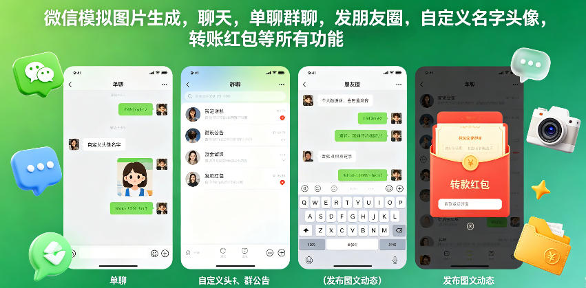 微信模拟图片生成，聊天，单聊群聊，发朋友圈，自定义名字头像，转账红包等所有功能都可以生成-孔明聊项目