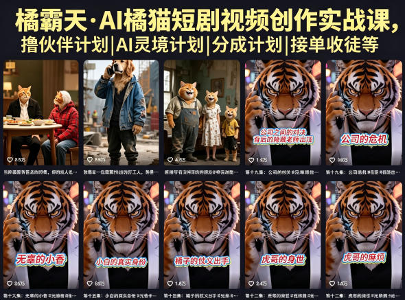 橘霸天·AI橘猫短剧视频创作实战课，撸伙伴计划|AI灵境计划|分成计划|接单收徒等-孔明聊项目