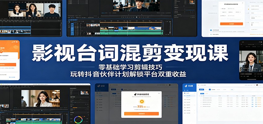影视台词混剪变现课：零基础学习剪辑技巧，玩转抖音伙伴计划解锁平台双重收益-孔明聊项目