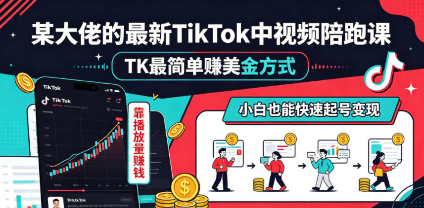 某大佬的最新TikTok中视频陪跑课，TK最简单賺美金方式，靠播放量賺钱，小白也能快速起号变现-孔明聊项目