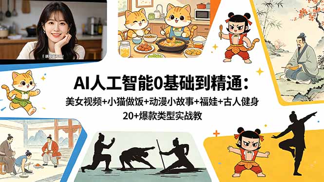 AI人工智能0基础到精通：美女视频+小猫做饭+动漫小故事+福娃+古人健身，20+爆款类型实战教学-孔明聊项目