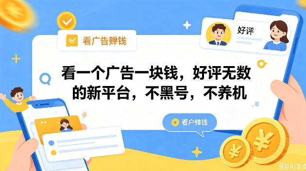 看一个广告一块钱，好评无数的新平台，不黑号，不养机，一撸几十块钱还是不错的【揭秘】-孔明聊项目