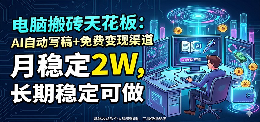 电脑搬砖天花板：AI自动写稿+免费变现渠道，月稳定2W，长期稳定可做-孔明聊项目