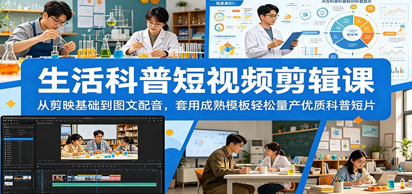 生活科普短视频剪辑课：从剪映基础到图文配音，套用成熟模板轻松量产优质科普短片-孔明聊项目