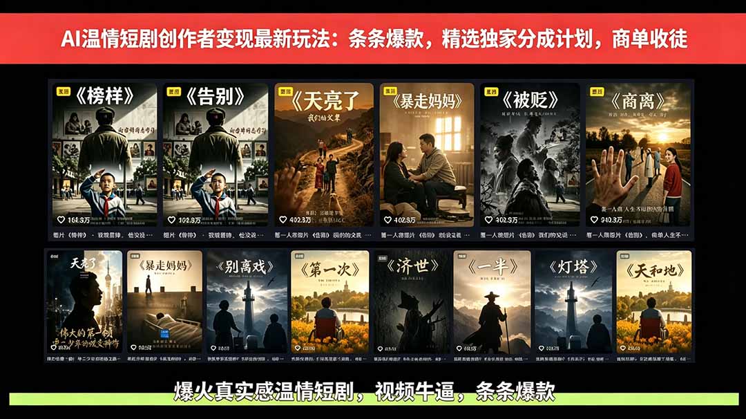 AI温情短剧创作者变现最新玩法：视频牛逼，条条爆款，精选独家分成计划，商单收徒-孔明聊项目