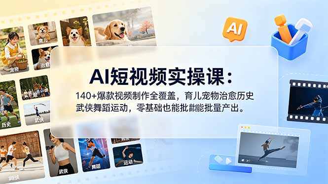 AI短视频实操课：140+爆款视频制作全覆盖，育儿宠物治愈历史武侠舞蹈运动，零基础也能批量产出-孔明聊项目