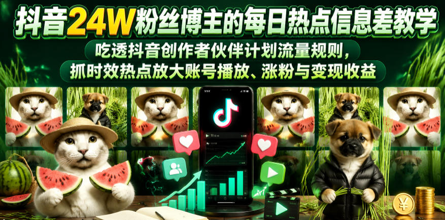 抖音24W粉丝博主的每日热点信息差教学，吃透创作者伙伴计划流量规则，抓时效热点放大账号播放、涨粉与变现收益-孔明聊项目