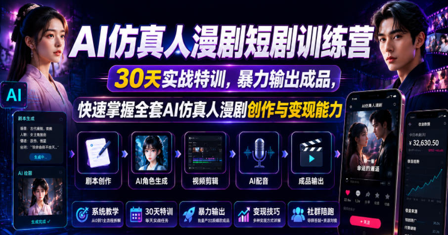 AI仿真人漫剧短剧训练营，30天实战特训，暴力输出成品，快速掌握全套AI仿真人漫剧创作与变现能力-孔明聊项目