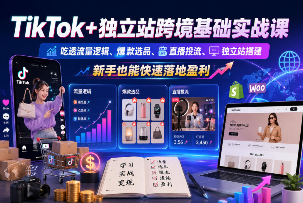 TikTok+独立站跨境基础实战课，吃透流量逻辑、爆款选品、直播投流与独立站搭建，新手也能快速落地盈利-孔明聊项目
