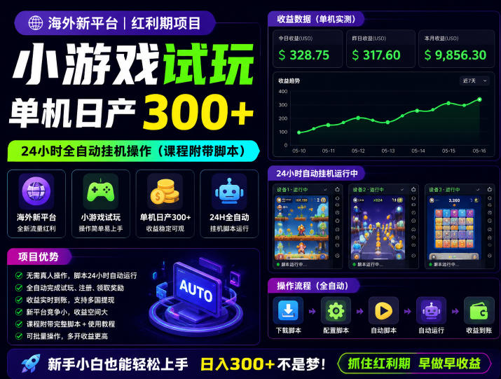 海外新平台，小游戏试玩，单机日产300+，24小时全自动挂G操作(课程附带脚本)【揭秘】-孔明聊项目