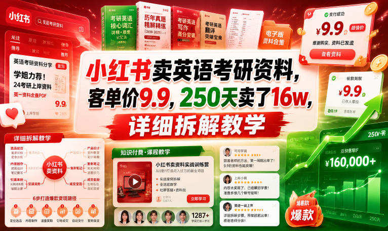 小红书卖英语考研资料，客单价9.9，250天卖了16w，详细拆解教学-孔明聊项目