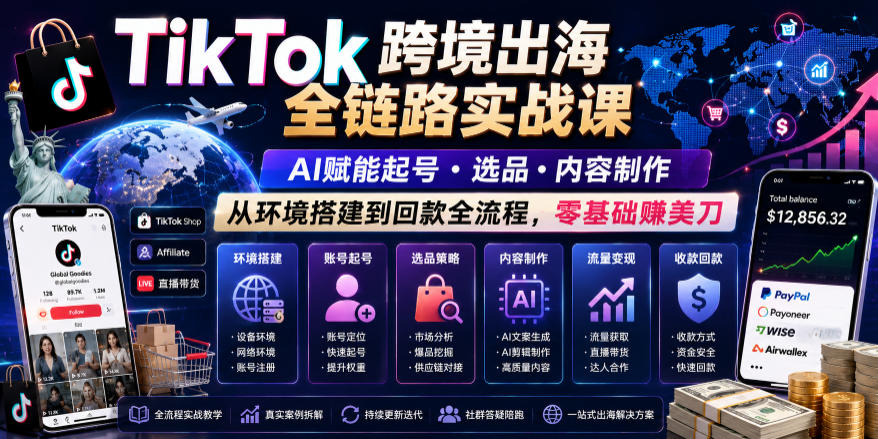 TikTok跨境出海全链路实战课，AI赋能起号・选品・内容制作，从环境搭建到回款全流程，零基础賺美刀-孔明聊项目