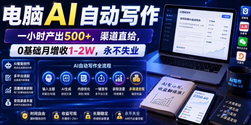 电脑AI自动写作，一小时产出500+，渠道直给，0基础月增收1-2W，永不失业【揭秘】-孔明聊项目