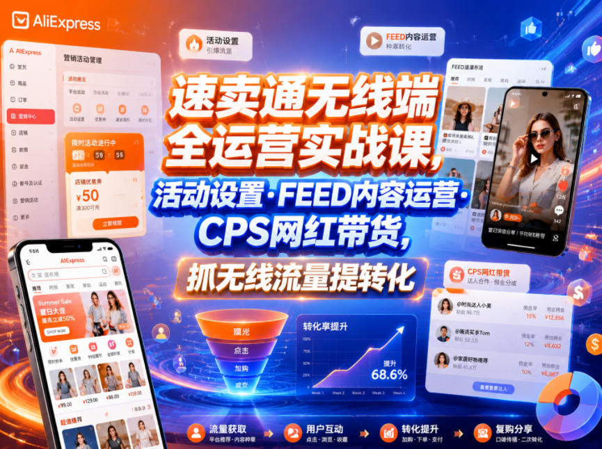速卖通无线端全运营实战课，活动设置・FEED内容运营・CPS网红带货，抓无线流量提转化-孔明聊项目