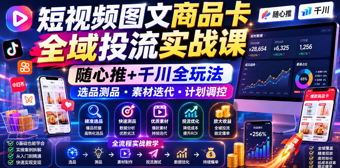 短视频图文商品卡全域投流实战课，随心推+千川全玩法，选品测品・素材迭代・计划调控，提升ROI爆单增收教程-孔明聊项目