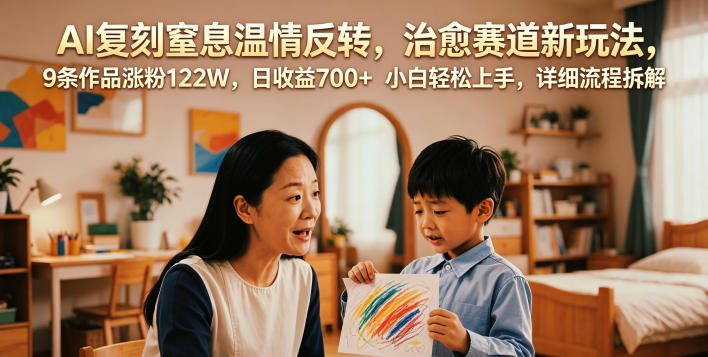 AI复刻窒息温情反转，治愈赛道新玩法，9条作品涨粉122W，日收益700+ 小白轻松上手，详细流程拆解-孔明聊项目