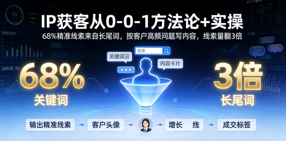 IP获客从0-1方法论+实操,68%精准线索来自长尾词,按客户高频问题写内容,线索量翻3倍-孔明聊项目