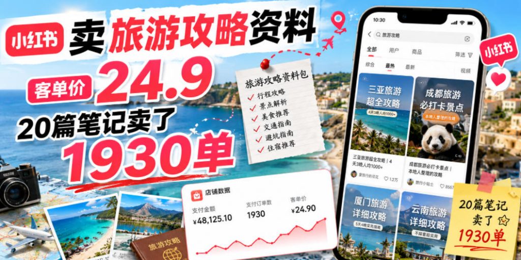 小红书卖旅游攻略资料，客单价24.9，20篇笔记卖了1930单！-孔明聊项目